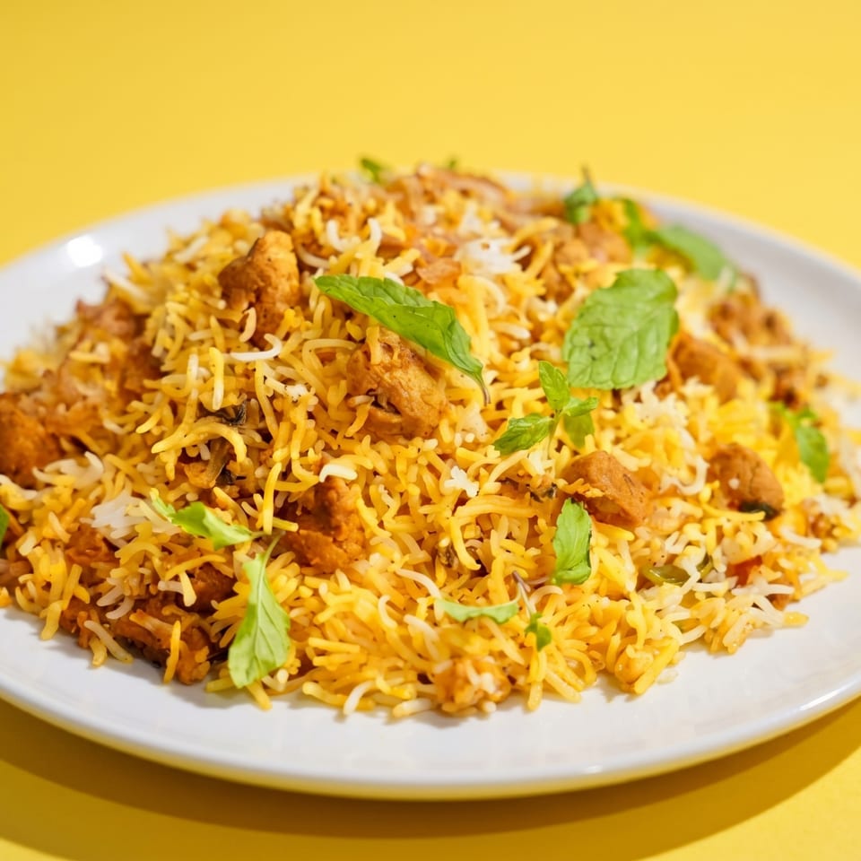 Chicken biryani with rice and mint leaves on a white plate against a yellow background.