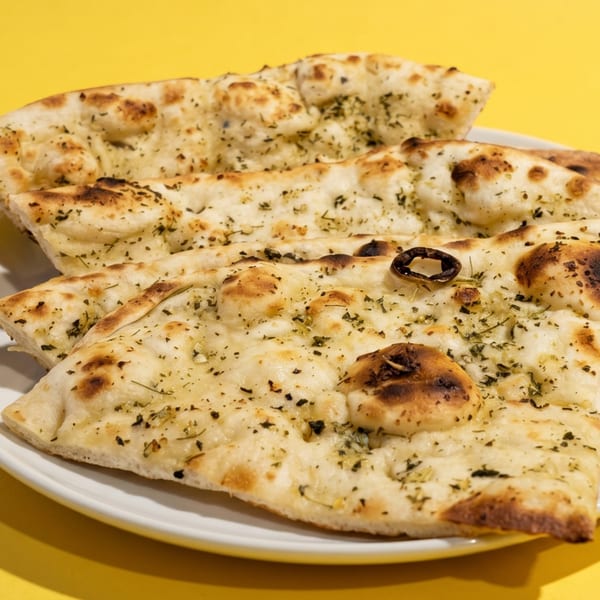 Close-up of three pieces of garlic naan bread, garnished with herbs, on a white plate.