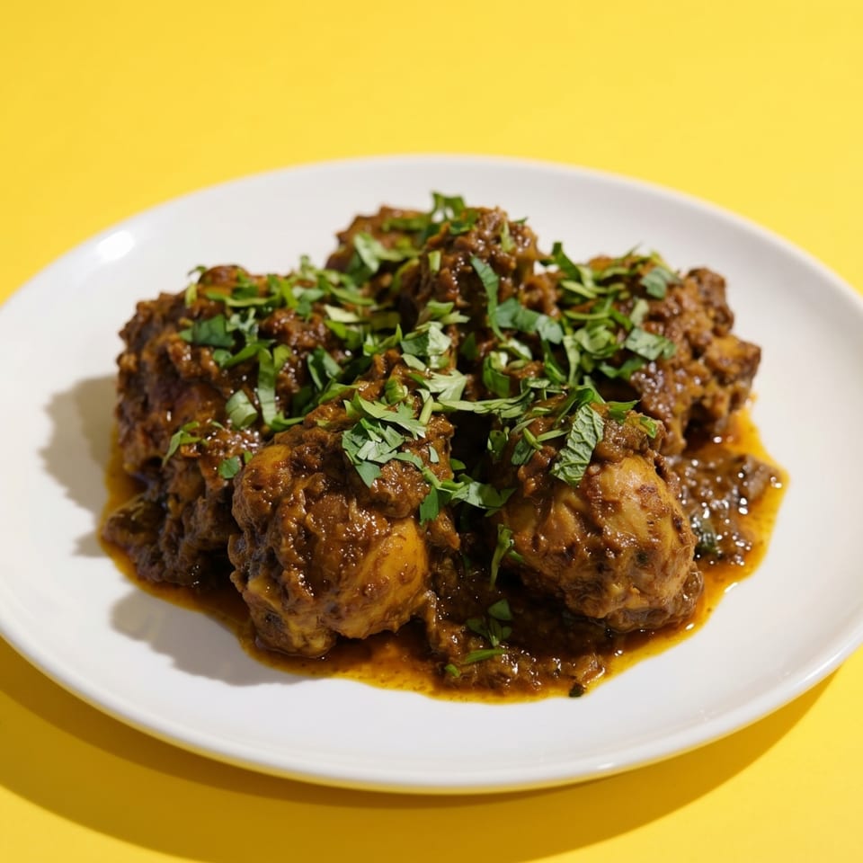 Chicken curry with a rich brown sauce and fresh green herbs on a white plate.