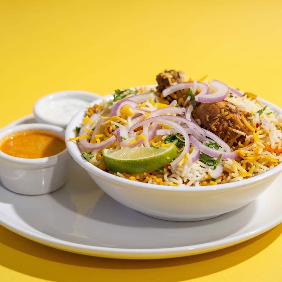 Chicken biryani with red onions, cilantro, and lime, served with two sauces on a yellow background.