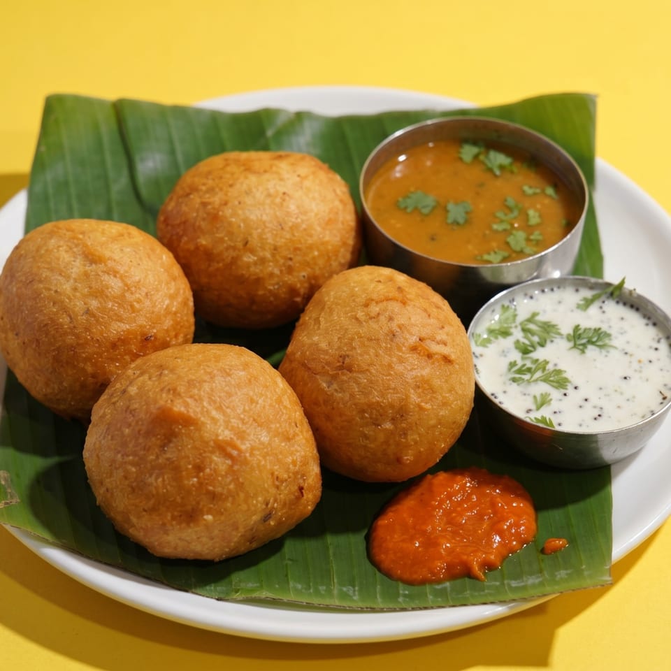 Four golden-brown paniyarams on a banana leaf with sambar, coconut chutney, and red chutney.