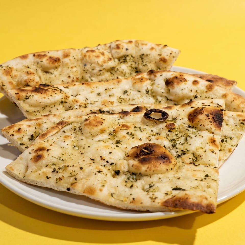 Garlic naan bread, garnished with herbs and a black olive, on a white plate.