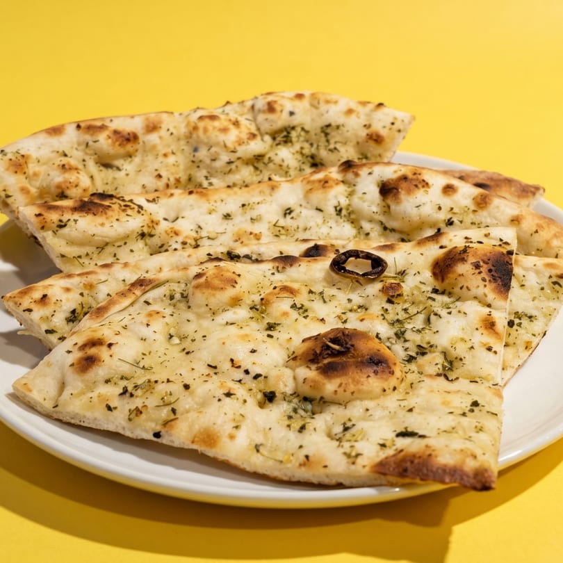 Garlic naan bread, garnished with herbs and a black olive, on a white plate.