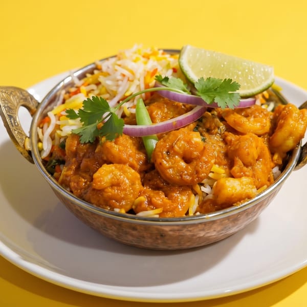 Shrimp biryani in a copper bowl, garnished with cilantro, red onion, green chili, and lime.