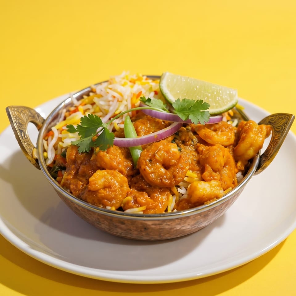 Shrimp biryani in a copper bowl, garnished with cilantro, red onion, and a lime wedge.