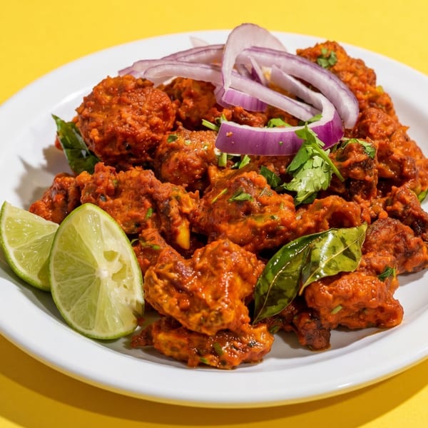 Spicy red chicken 65 with lime wedges, red onion, and cilantro on a white plate.