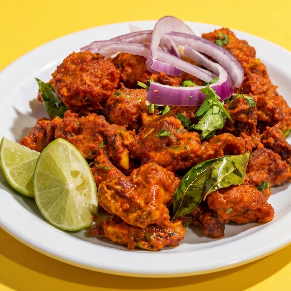 Spicy red chicken 65 with lime wedges, red onion, and cilantro on a white plate.